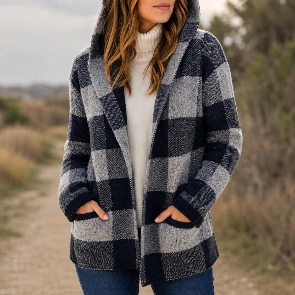 Womens Small Blue Plaid Open Front Hooded Cardigan Sweater Cozy Soft Pockets